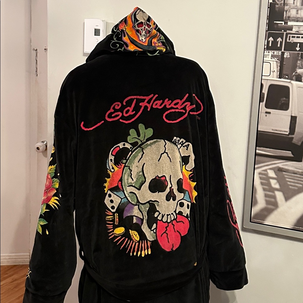 Y2K Ed Hardy Velvet Robe Coat Skull Tattoo Graphic Black S/M Luxury Streetwear - Picture 8 of 15